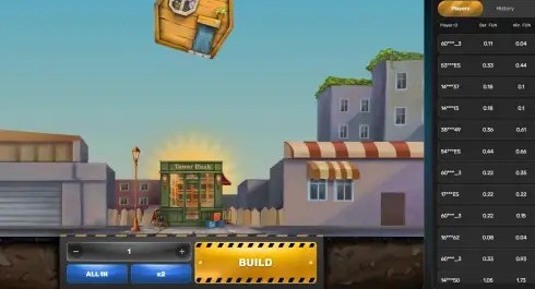 Tower Rush Spielszene mit Baustelle und Shop-Etage in der Stadt
